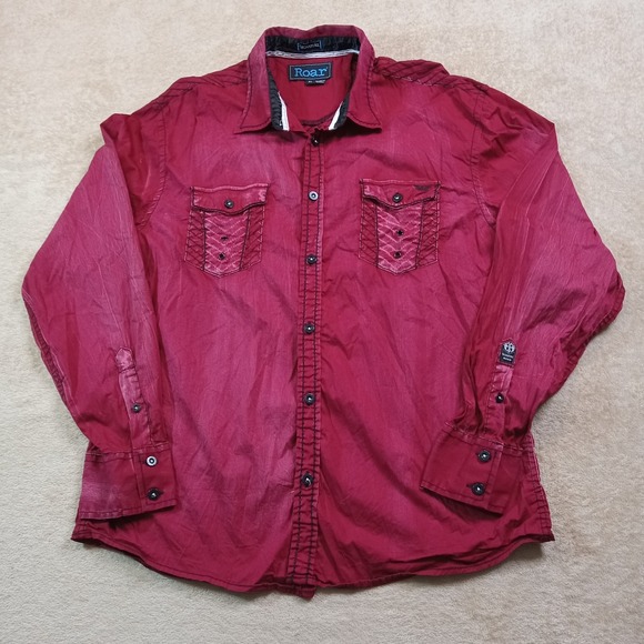 Roar Other - Roar Signature Embroidered Long Sleeve Button Up Stretch Shirt Men's XL Dark Red